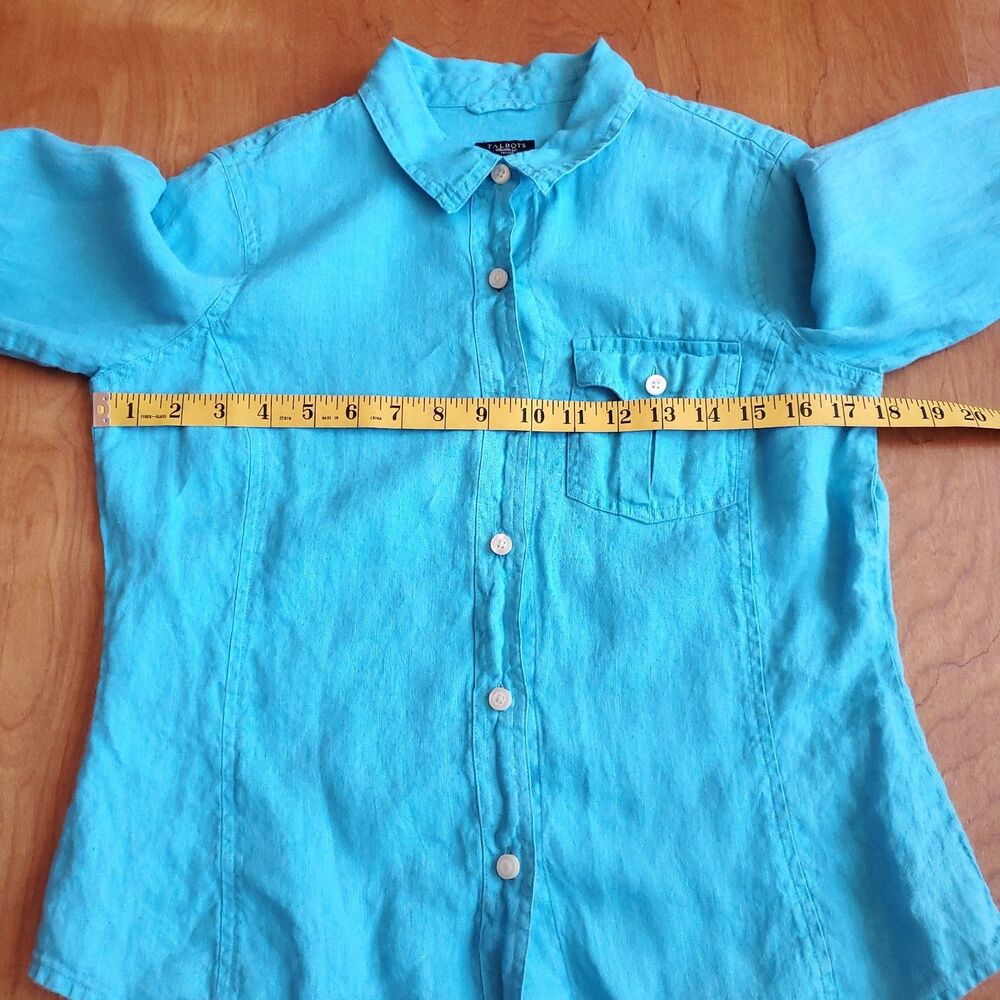 Talbots 100% Pure Irish Linen Top Petite Small Button Up 3/4 Sleeve Bright Blue - Picture 8 of 10